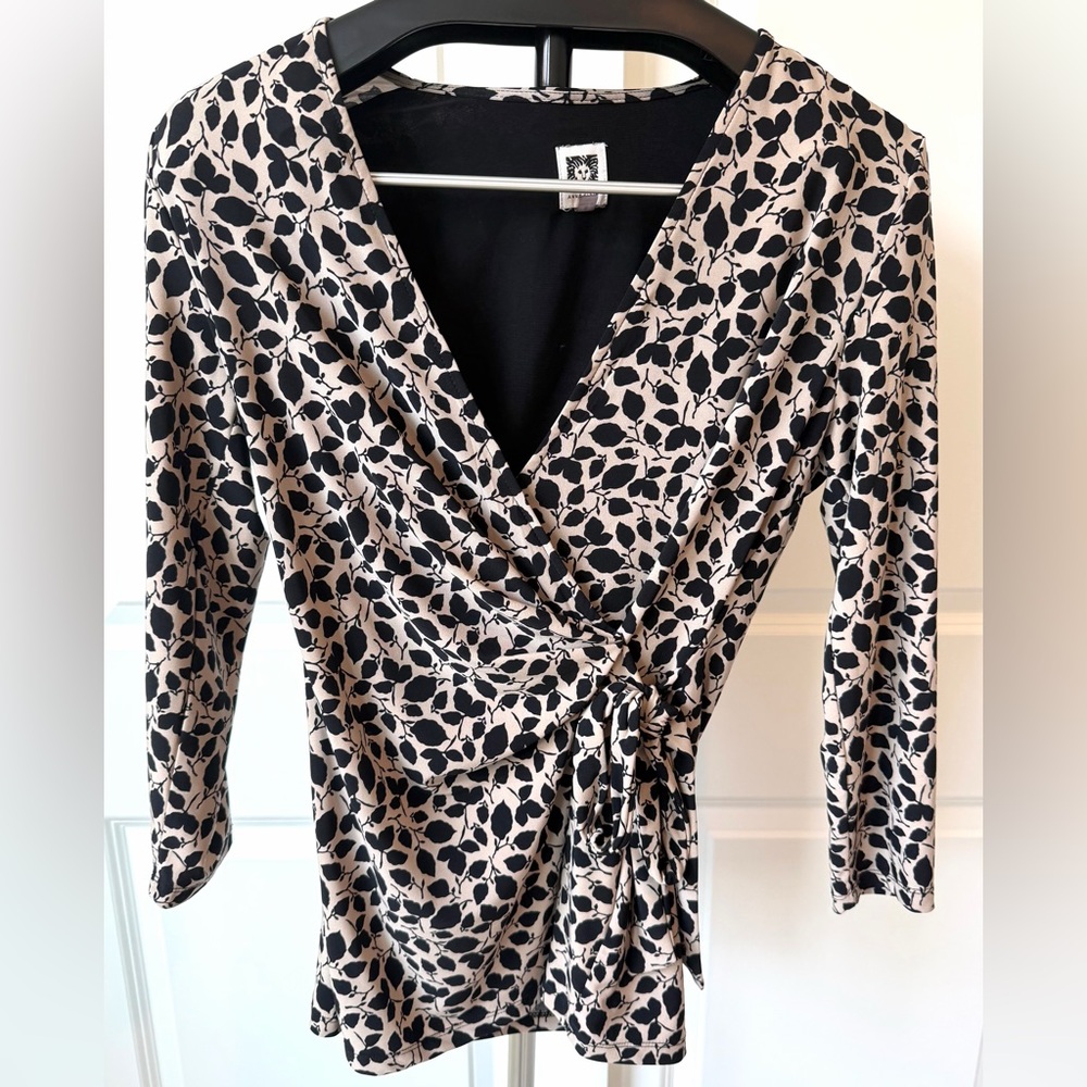Anne Klein Black Beige Printed Wrap Top Tie Waist Long Sleeve Blouse Size Small